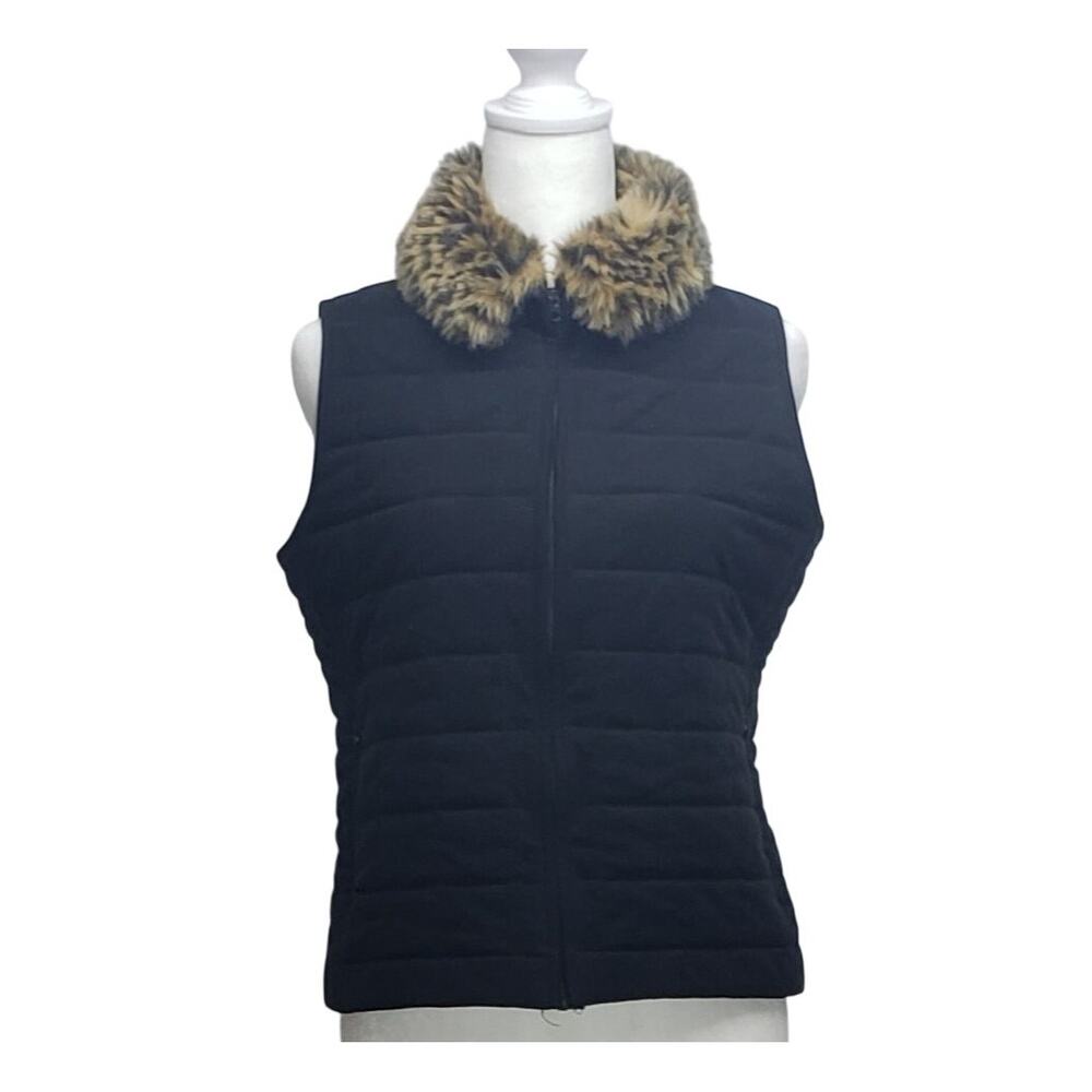Vintage Womens SP Black Quilted Puffer Vest Faux-Fur Animal Print Gorpcore 80s